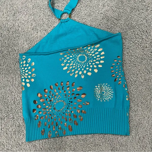 Y2K Halter Top Sz Medium Turquoise Metallic Printed Top - Image 9