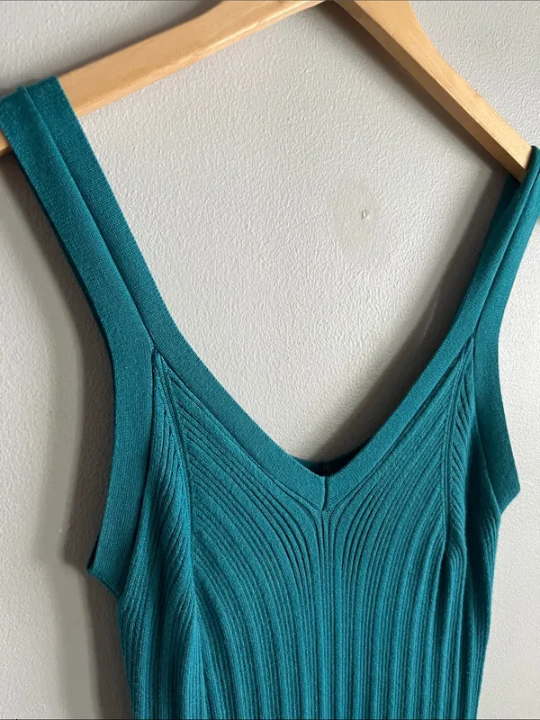 Olive + Oak Ribbed Sweater Knit Midi Dress Teal Side Slit Stretch L - Image 2