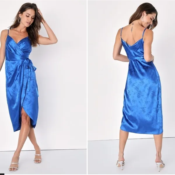 LULUS Floral Sexy Chic Romantic Floral Satin Royal Blue Wrap Dress NWT - Image 3