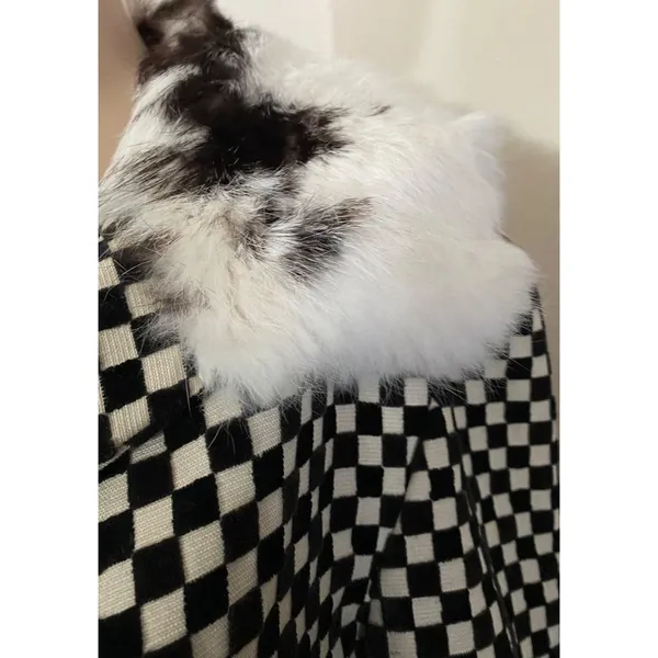 Rik Villa XS 2 Jacket Coat Checkerboard Black White Fur Collar Check Plaid Artsy - Image 6