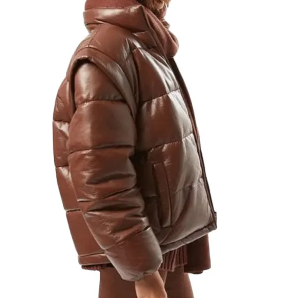 NWT We Wore What Snap-Off Sleeve Faux Leather Puffer Jacket Chocolate Brown XS - Image 5