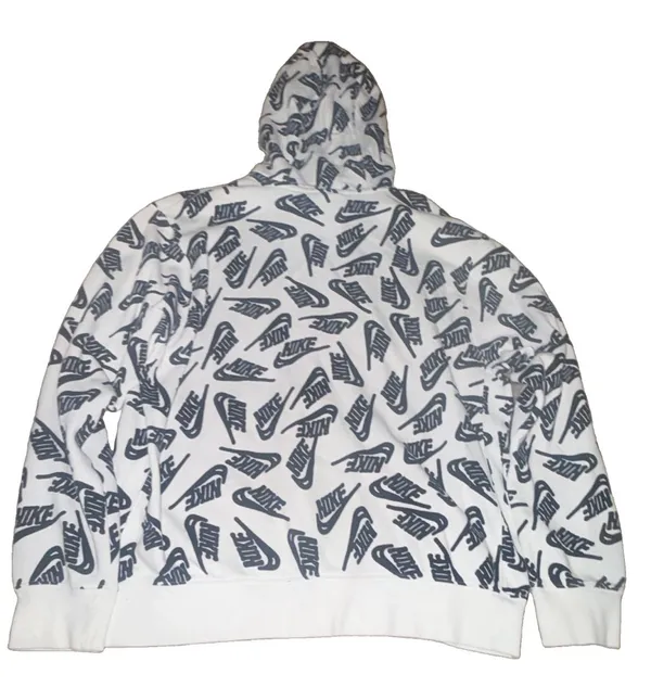 Nike White/Black Fleece Pullover Hoodie Graphic Logo Drawstring Pockets Men L - Image 3