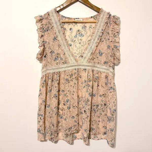POL Floral Babydoll Boho Blouse Size Small Top V Neck Pink Spring Lace Dainty - Image 2