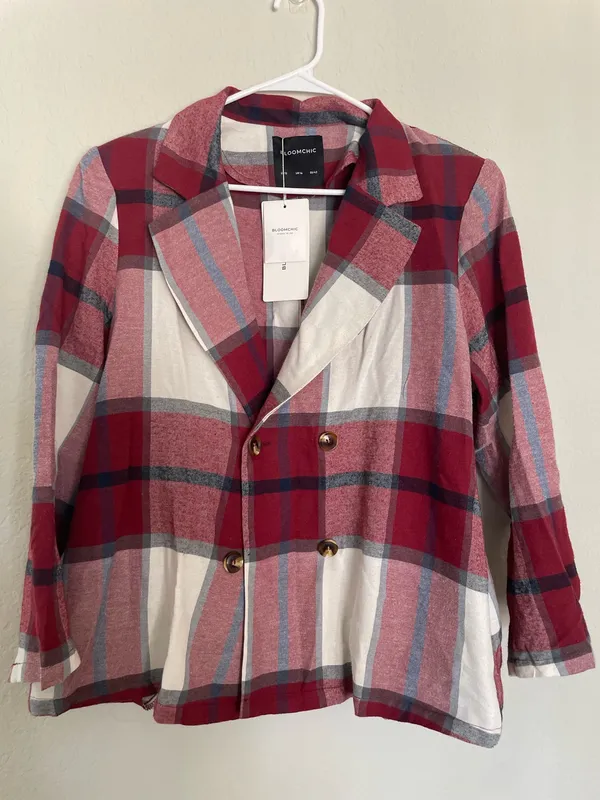 BloomChic Plaid Double-Breasted Blazer Jacket Burgundy Red White Size 12 NWT - Image 2