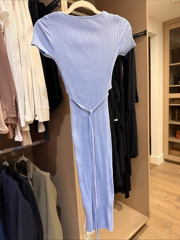 Zara Light Blue Ribbed Midi Dress with Plunge Neck - Image 2