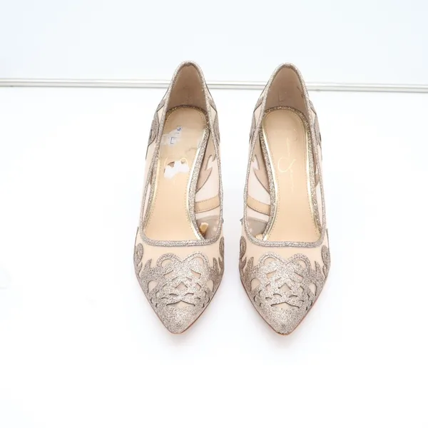 Jessica Simpson Liereena2 Champagne Glitter Mesh Pointed Toe Pumps Gold 8M - Image 4