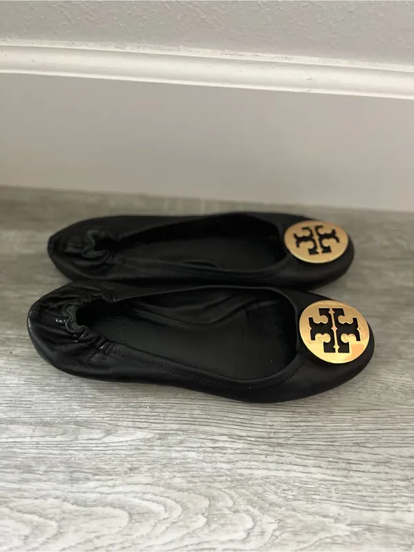 Tory Birch Black Leather Ballet Flats with Gold Accent Elasticized Back - Image 3