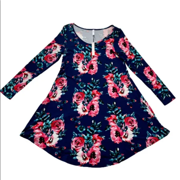 Dearcase Dress Blue Pink Floral Jersey Long Sleeve V-Neck Swing Dress Large NEW - Image 8