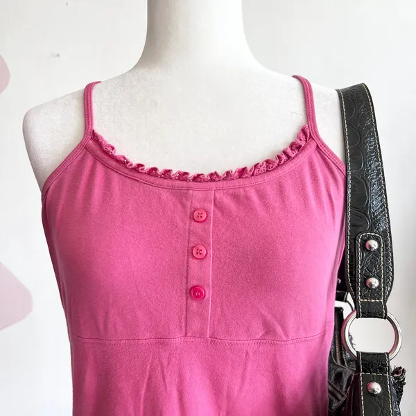 Y2K Pink‎ Lace Trim Babydoll Top, Vintage 2000s Coquette Retro Festival Medium - Image 3