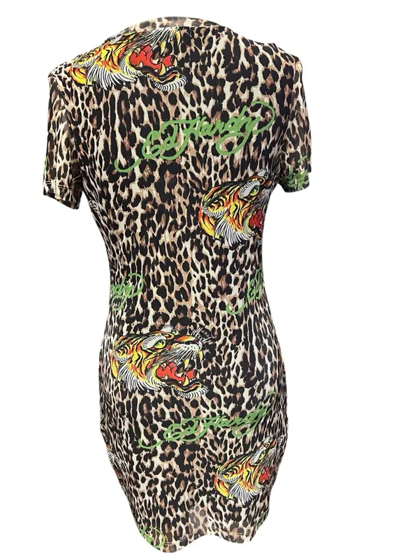 Ed Hardy mini dress with leopard print covered in green logo lettering - Image 3