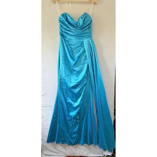 Lulus Turquoise Blue Satin Strapless Ruched Maxi Dress HD2848 Prom Gown - Image 4