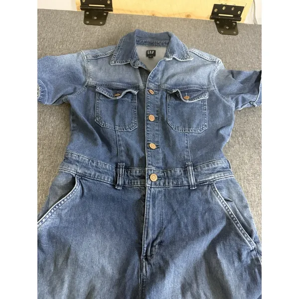 GAP Women's Blue Denim Coverall Jumpsuit Sz 0 Short Sleeve Button Front Pockets - Image 3