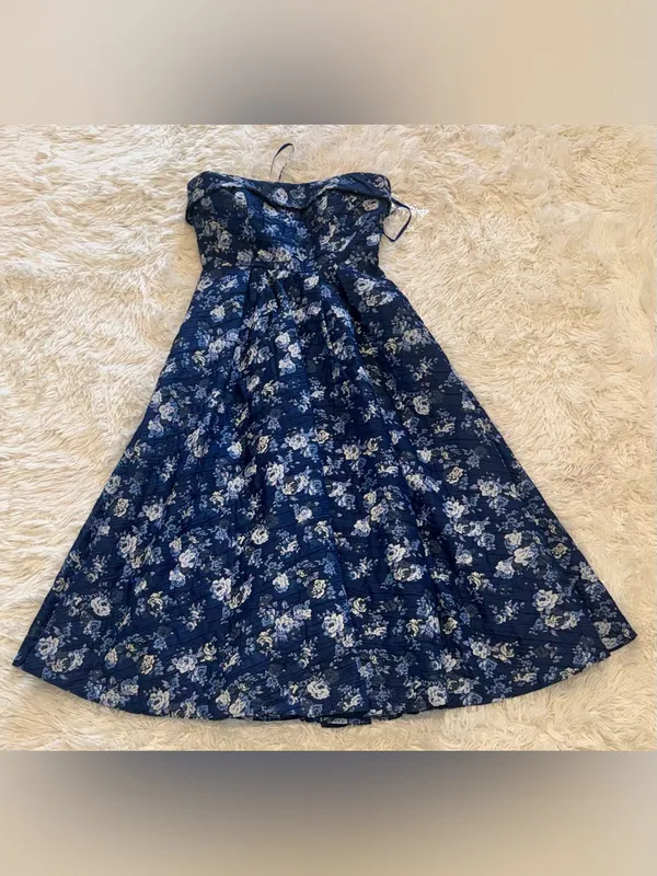 NEW MAC DUGGAL floral strapless brocade midi dress blue multi sz 8 - Image 4