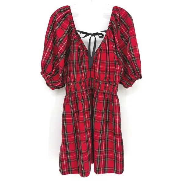 Old‎ Navy Tartan Plaid Mini Dress Womens Medium Red Smocked Puff Sleeve Holiday - Image 10