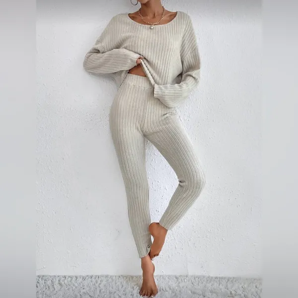SHEIN Drop Shoulder Ribbed Knit Top & Pants Set, Khaki, Size XS, EUC - Image 2