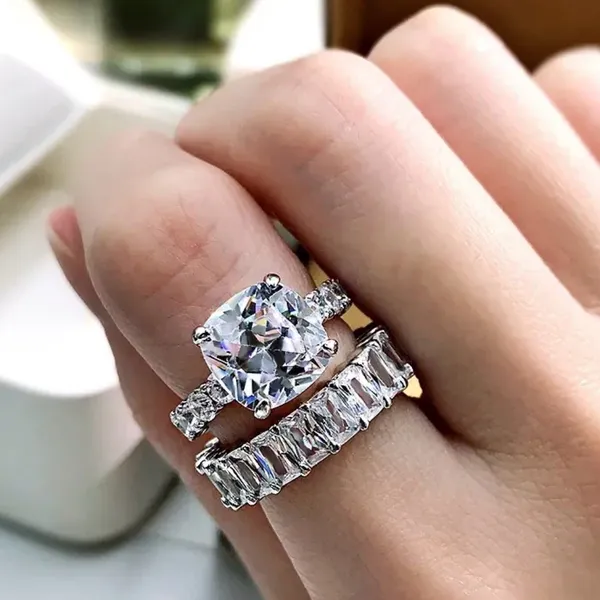 Boutique Lab-Created 3.50CT Cushion Cut Diamond Engagement Wedding Ring Set 14K Gold Over - Image 4