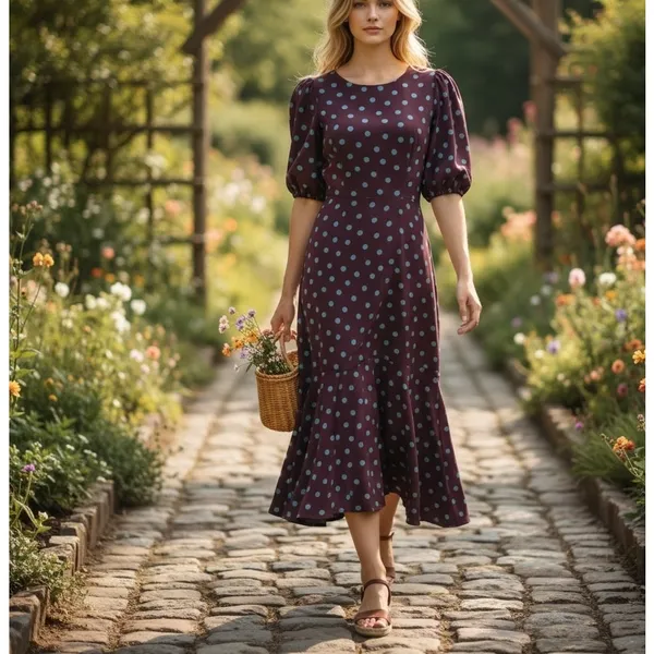 Bobeau Brown Polkadot Midi Dress MEDIUM Cottage Business Casual Biascut Work $88 - Image 2