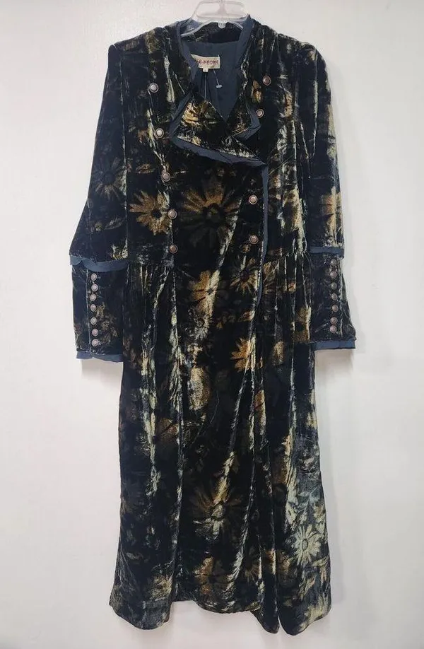 Free People Hazel Duster Velvet Coat Floral Print Black Gold Brown Lined XL H - Image 6