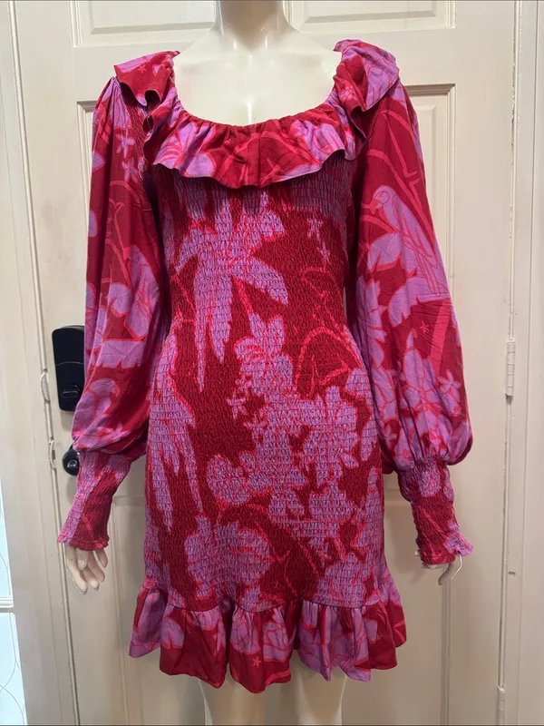 Farm Rio Smocked Floral Ruffle Mini Dress - Pink/Red - Image 3