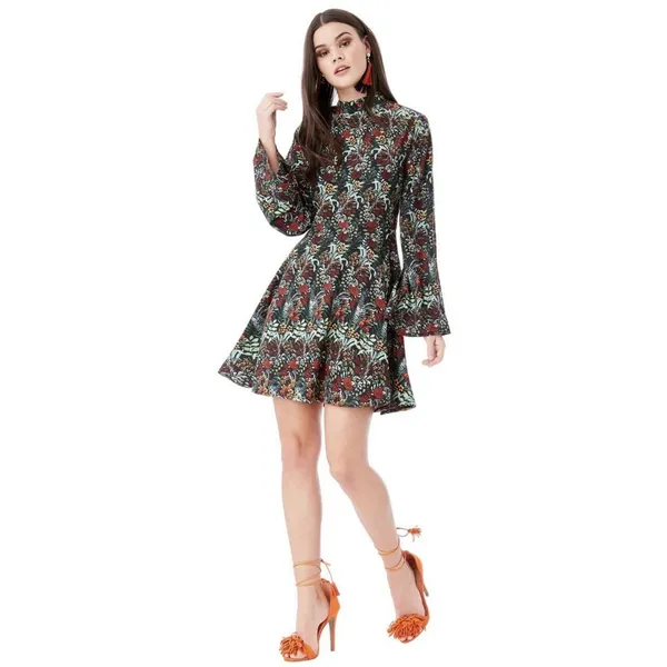 Zara Basic NWT XS‎ Floral Mini Dress Mock Neck Bell Sleeve Back Zip Viscose - Image 5