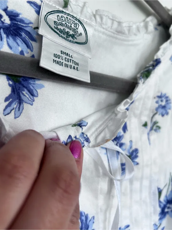 Vintage Laura Ashley 100% Cotton White & Blue Floral Print Nightgown Midi Dress - Image 3