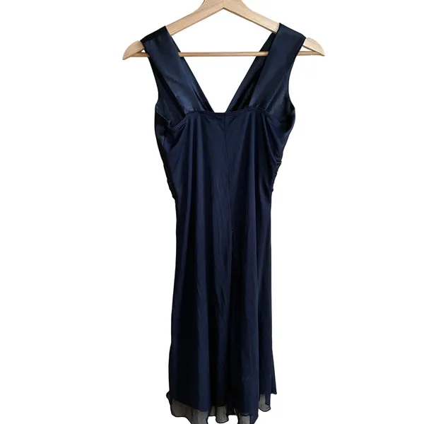 Vintage Star Vixen V-Neck Cocktail Dress Small Navy y2k Satin Mesh O-Ring - Image 6