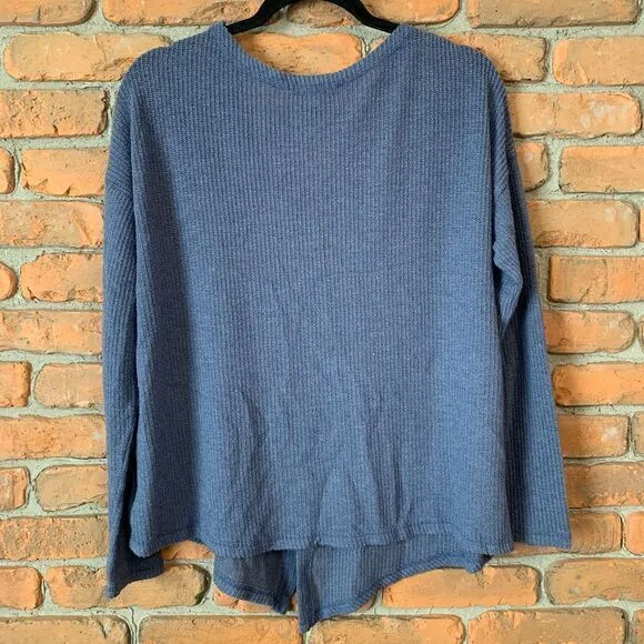 AE American‎ Eagle Womens Medium Cardigan Blue Waffle Knit Button Front Sweater - Image 3