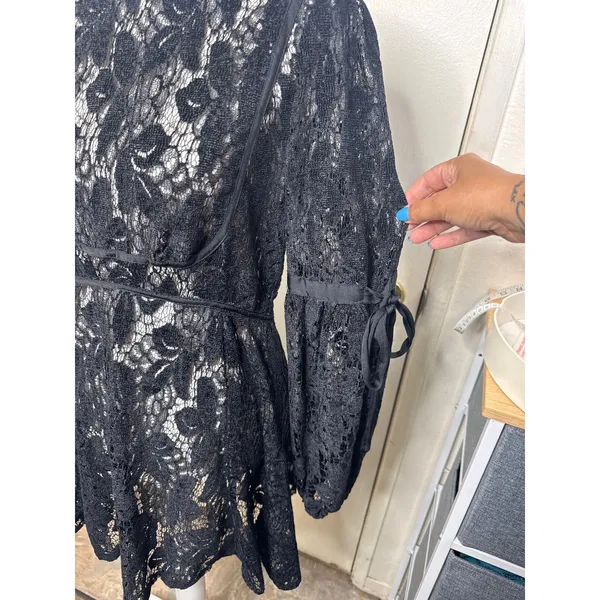 Free People Ruby Black Lace Mini Dress – Whimsigoth Boho Statement Sleeves Sz S - Image 2