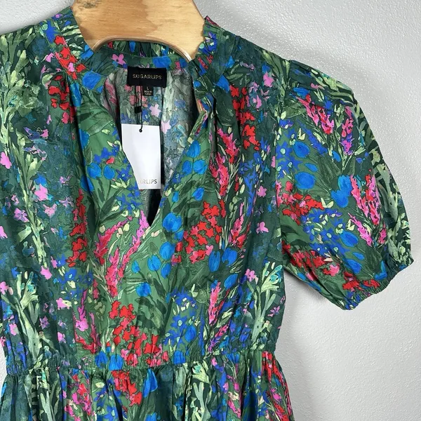 NEW Sugarlips Green Red Floral A-Line Dress Size Large Puff Sleeve V-Neck Cotton - Image 2