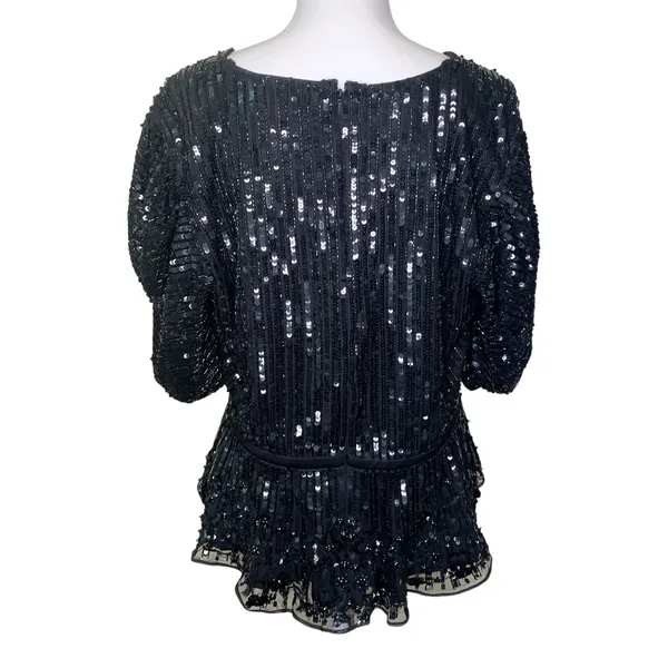 Mac Duggal R5694 Black Sequin Floral Faux Wrap Peplum Top L - Image 6