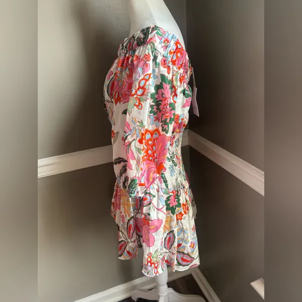 NEW MISA Los Angeles‎ Marta Floral Off-Shoulder Smocked Mini Dress Medium - Image 4