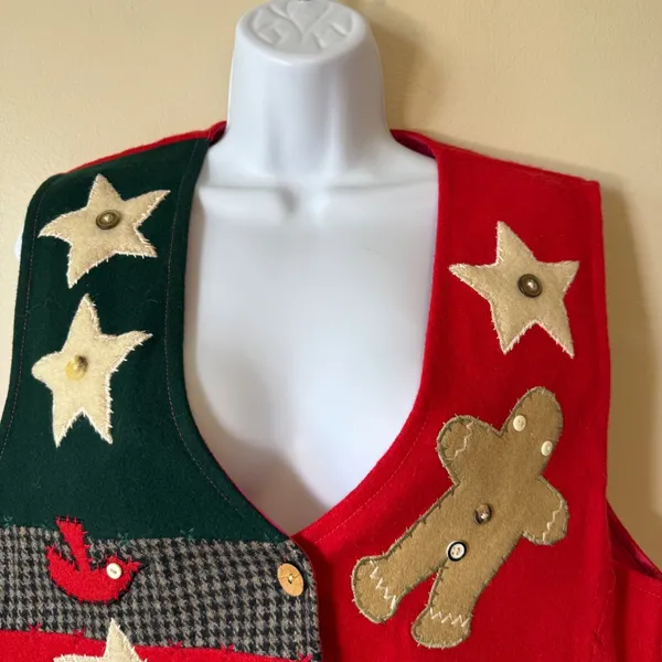 Keren Hart‎ Vintage Christmas Vest Patchwork Holiday Gingerbread Stars Women's L - Image 4