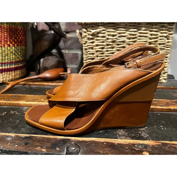Tory Burch Gabrielle 100mm Royal Tan Leather Wedge Sandals Size 10 - Image 4