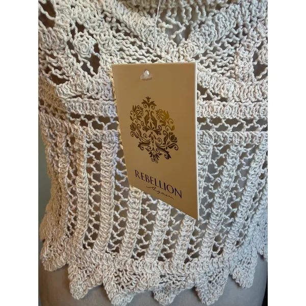Rebellion Cream Crochet Crop Top festival Beaded Boho Festival Tank Large NWT y - Image 5