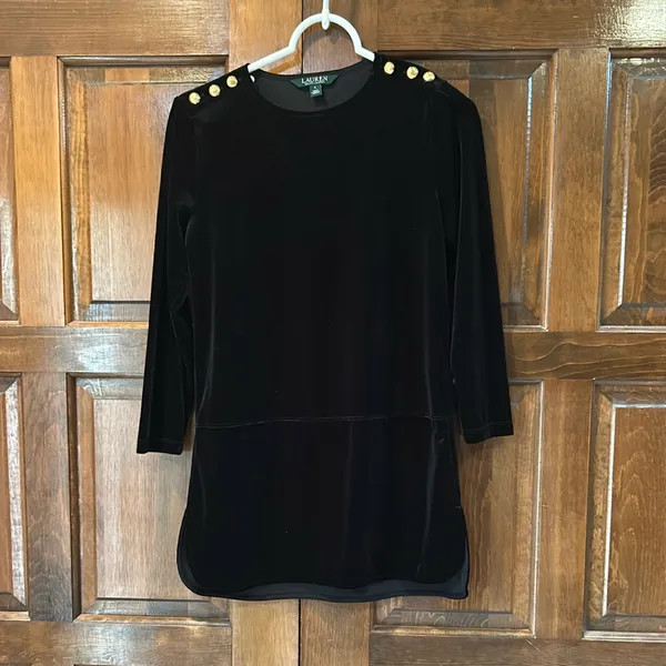 Lauren Ralph Lauren Black Velvet Tunic Top‎ Womens Small Gold Buttons Witchycore - Image 5