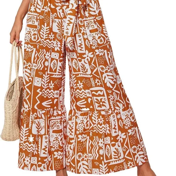 Orange White Abstract Print Wide Leg Tie Waist Ruffle Hem Pants Summer Holiday - Image 4