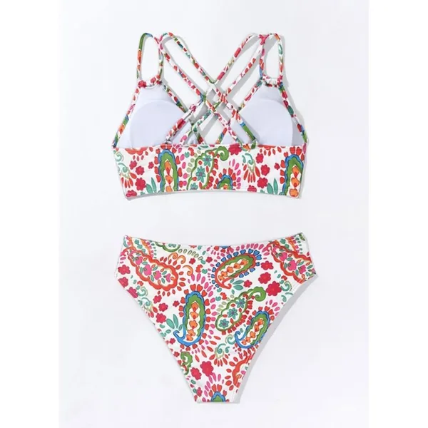 Boutique Colorful Floral Push Up V Neck Bikini Crisscross Back Two-Piece Swimsuit LARGE - Image 4