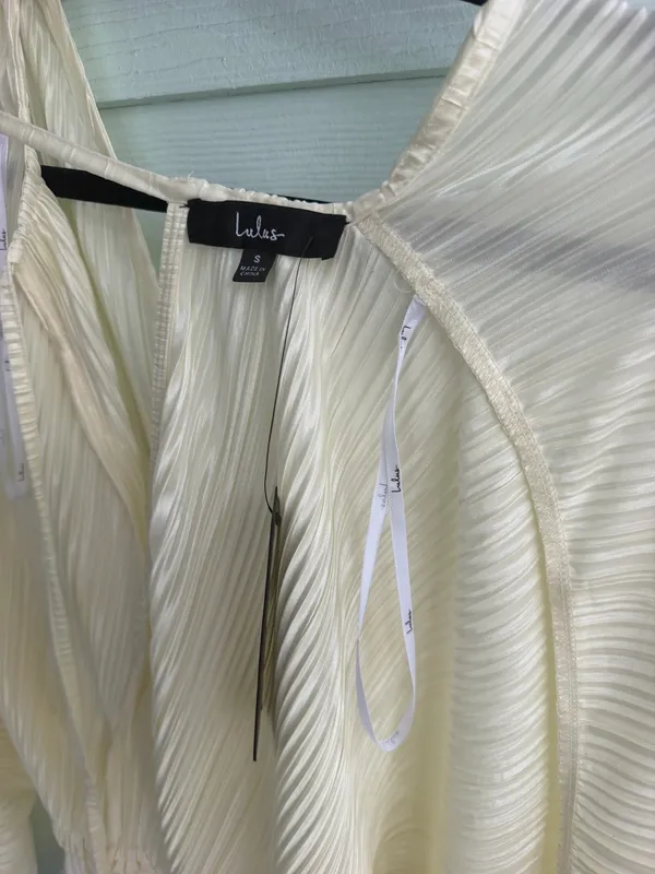 Lulus Radiant Flirt Ivory Satin Plisse Long Sleeve Top - Image 2
