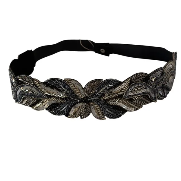 Silver Beaded Embroidered Boho Festival Floral Belt Elastic Sz 34 Waistband NWT - Image 11