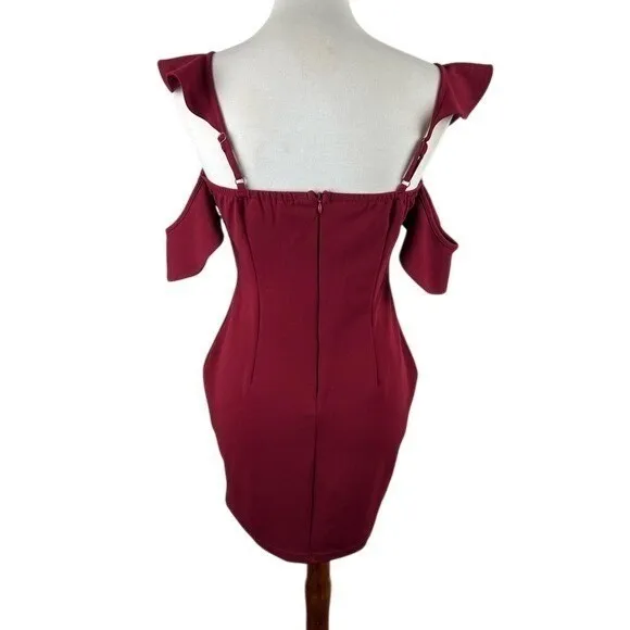 NaaNaa Burgundy Sequin Ruffle Off Shoulder Bodycon Mini Dress Size 10 - Image 3
