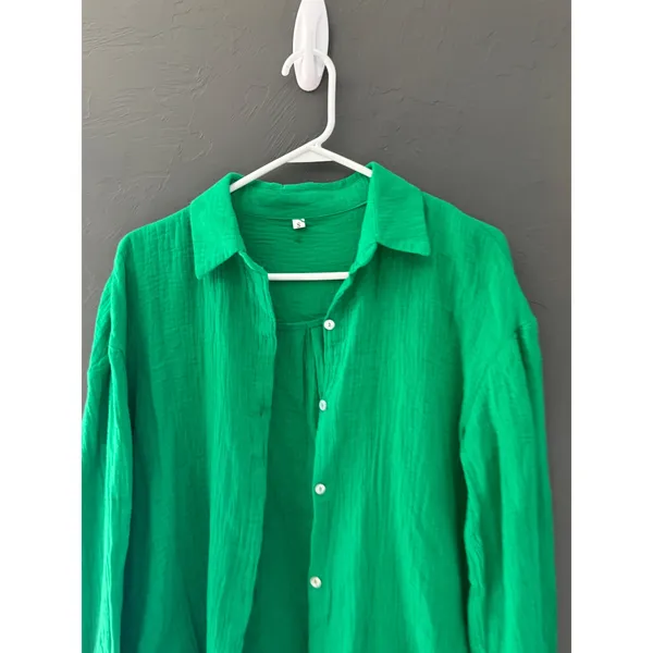 Womens Green Gauze Button‎ Down Shirt Oversized Long Sleeve Cotton Blend S - Image 2