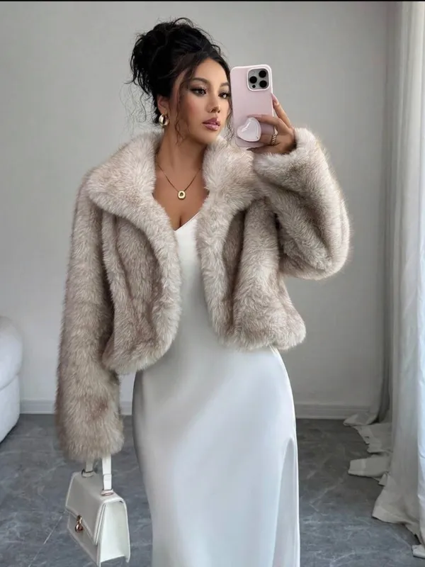 Lux Faux Fur Cropped Jacket in Light Taupe - Image 4