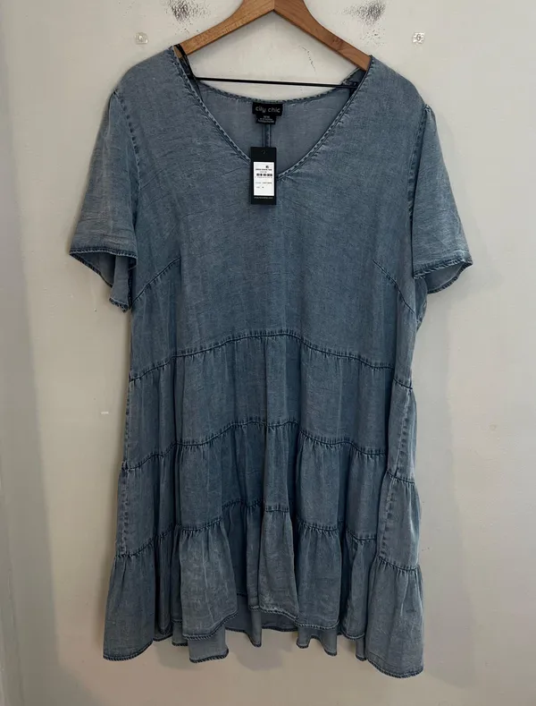 City Chic NWT - Tiered Denim Minidress Light Denim Casual Travel Chambray Comfort - Image 3