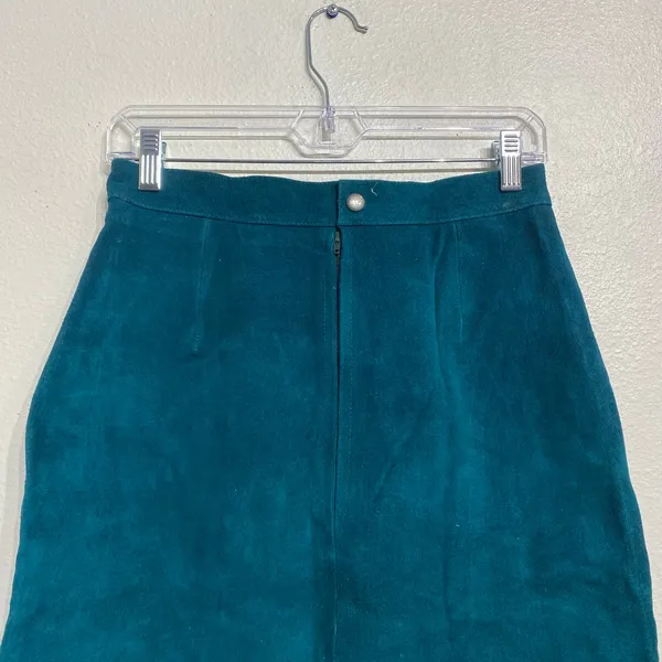 Fashion House Teal Suede Leather High Waist Mini Skirt Vintage Sz 10 - Image 8