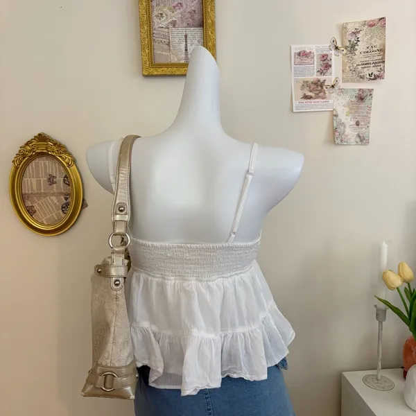 aeropostale white crochet eyelet lace babydoll cami top size s tiered ruffle hem - Image 4