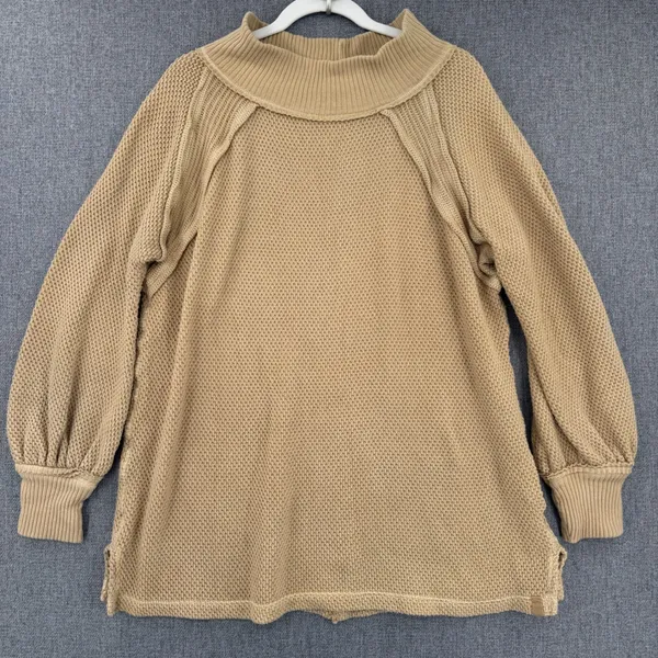 We The Free People Shes A Keeper Thermal Tan Waffle Knit Mock Neck Tunic Sweater - Image 2