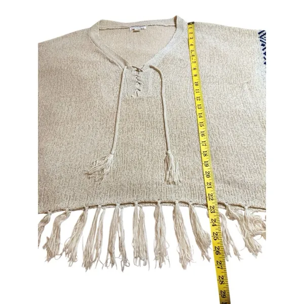 Double Zero Cream Fringe Knit Poncho Sweater Navy Blue Aztec Detail Size Medium - Image 5
