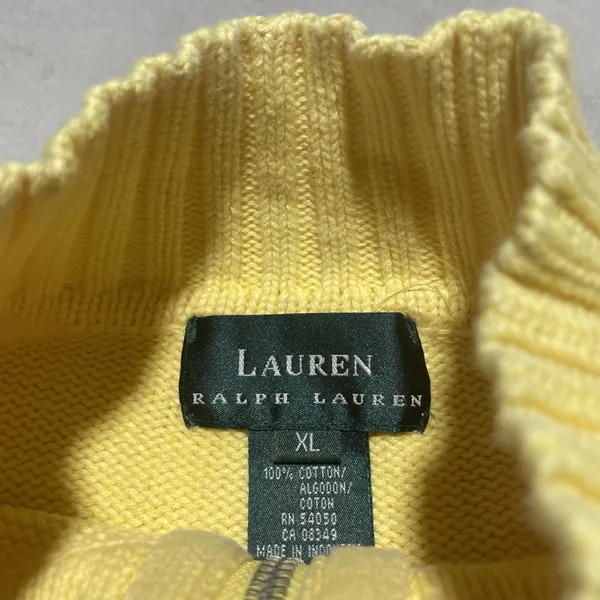 Polo Lauren Ralph Lauren Unisex 1/4 Zip Yellow Knit Cotton Sweater SZ XL Crest - Image 3