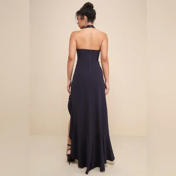 Lulus Women’s Majestic Perfection Navy Ruffled Halter Maxi Dress Size XL NWT - Image 8