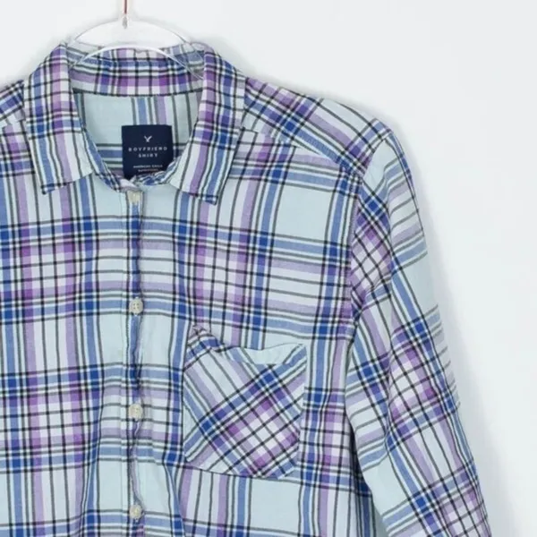 American Eagle Womens Boyfriend Plaid Button‎ Down Shirt Size Large Blue Casual - Image 2